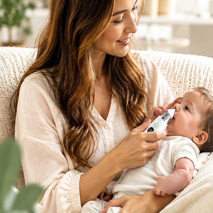 Une maman soigne le nez de son bébé installé confortablement sur ses genoux