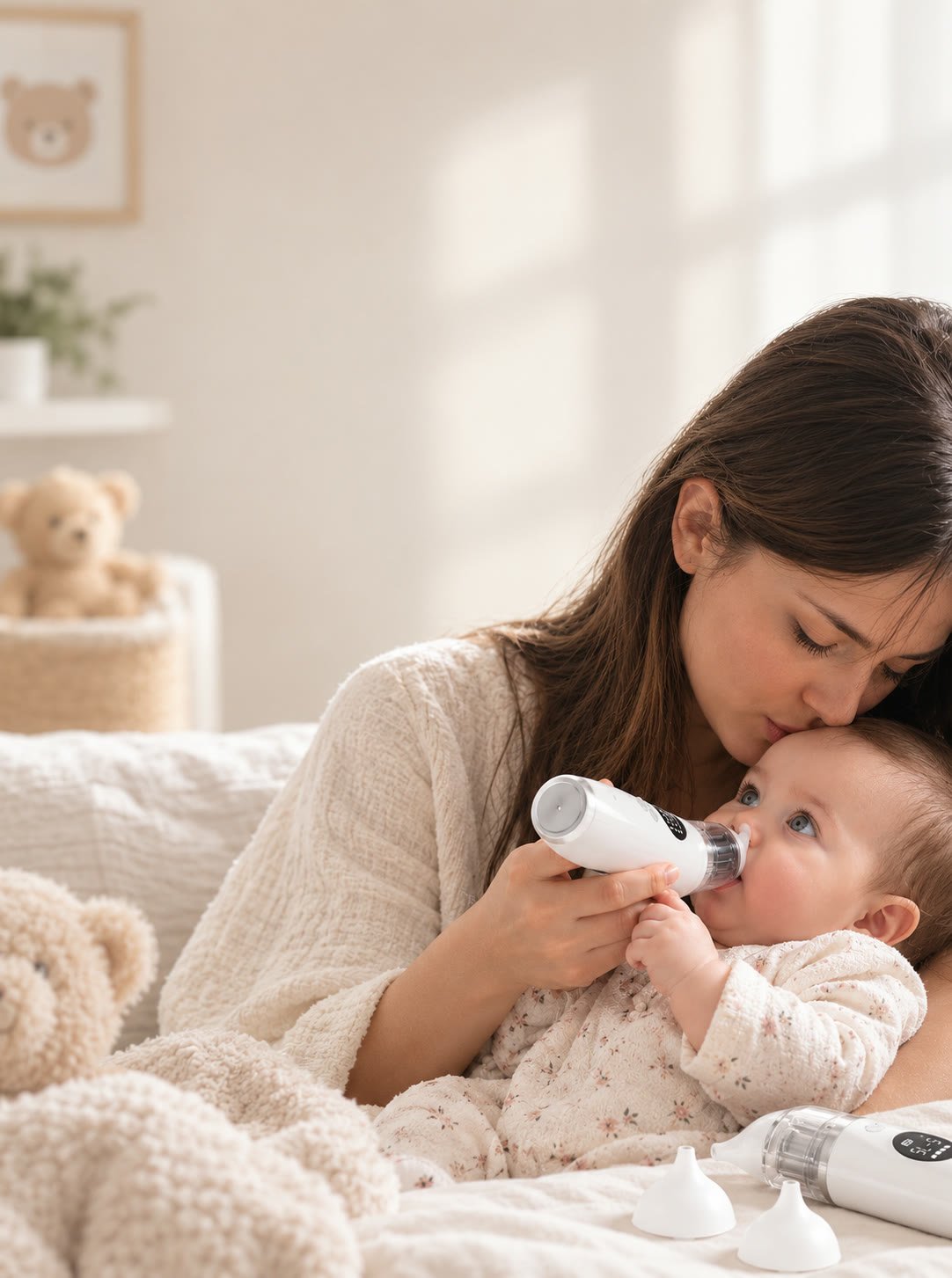 Une maman embrasse son bébé pendant un soin du nez avec le mouche bébé Redalis