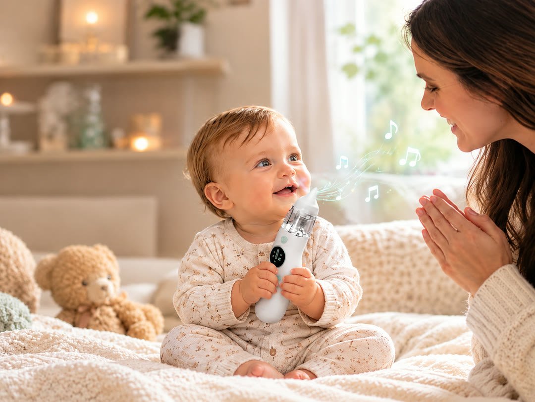 Un bébé rit en tenant le mouche bébé Redalis pendant que sa maman l'encourage