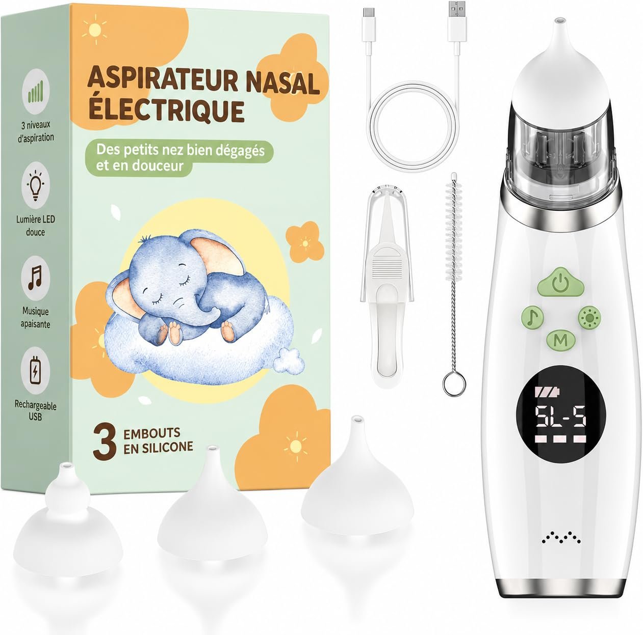 Mouche bébé électrique Redalis avec ses 3 embouts en silicone, câble USB, pince et brosse de nettoyage