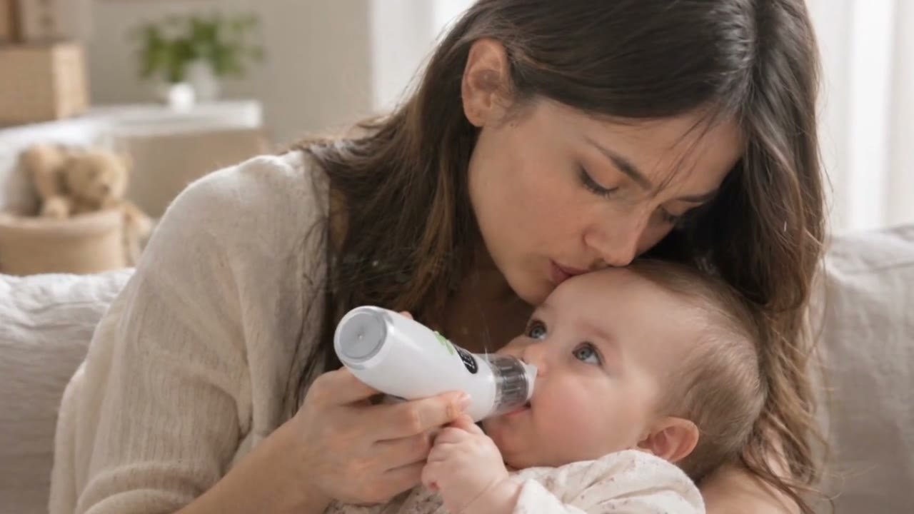 Une maman utilise le mouche bébé électrique Redalis sur son bébé, tout en douceur